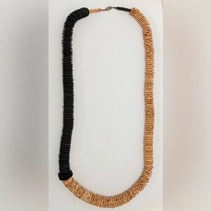 Rare Vintage Artisan Carved Tan & Black Wood 30” Necklace